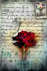 Papier Peint photo Lavable Imagination Ancienne lettre avec rose rouge et timbre-poste