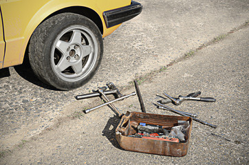 Tool kit on the asphalt