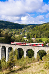 Fototapeta na wymiar engine carriage on viaduct Novina, Krystofovo Valley, Czech Repu