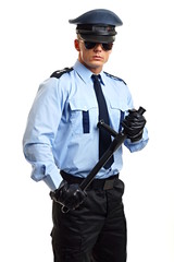 Policeman in uniform holds at hand nightstick