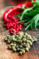 Mix of spices and herbs on table