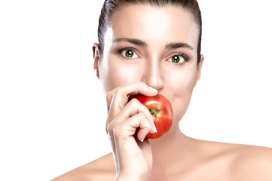 Beautiful Woman Eating a Healthy Red Apple