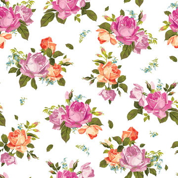 Vector seamless floral pattern with roses on white background