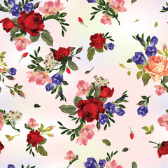 Vector seamless floral pattern with roses and freesia