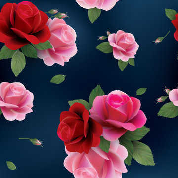 Elegant vector seamless floral pattern with red and pink roses