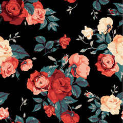 Vector seamless floral pattern with roses on black background - 64567501