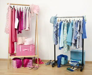 Closet with pink and blue clothes on hangers and accessories.