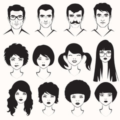 eye lips and hair, men and woman face parts, head character