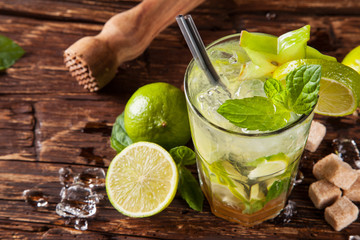 Mojito drinks on wood, upper view
