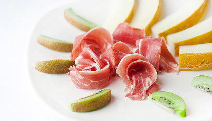 plate with snack of ham and fruit