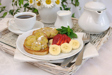 French toast with a banana syrup for breakfast