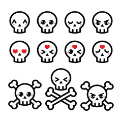 Kawaii cute Halloween skull icons set