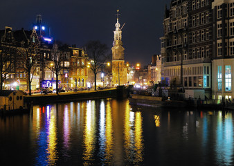 Evening view on the Munttoren (Coin Tower) in Amsterdam