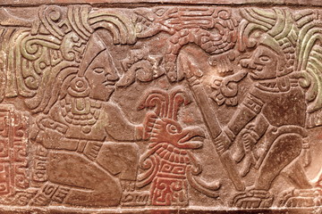 Fototapeta na wymiar maya relief antik, opfer szene, hitergrund, terrakotta