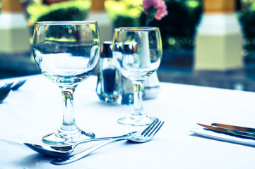 Empty glasses on the table outdoors