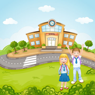 Illustration of a kids in front of school