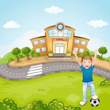 Illustration of the children playing in front of the school