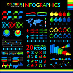 Fototapeta premium Colorful infographics set on black background and icons set.