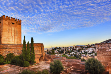 Alhambra Morning Sky Granada Cityscape Churches Andalusia Spain - obrazy, fototapety, plakaty