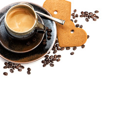 Cup of coffee with cakes on white background