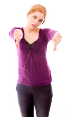 Young woman showing thumbs down sign from both hands