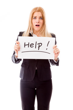 Businesswoman holding a message board with the text words "Help"