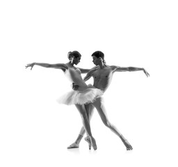 Couple of ballet dancers isolated on white. Black and white