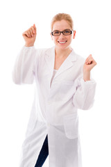 Female scientist celebrating success