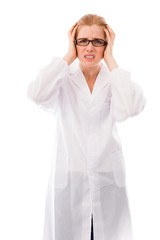 Female scientist suffering from headache
