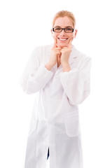 Female scientist showing smiley face