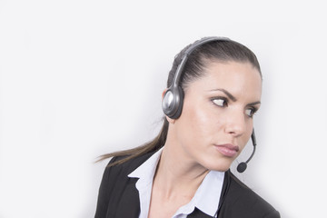 Beautiful Business woman with headphones (headset, office)