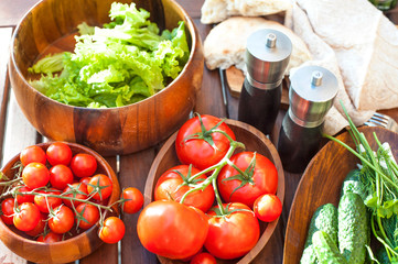 Tomatoes, salad and cucumbers-vegetables for picnic. Stillife