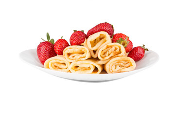 pancakes with cherry jam and strawberries
