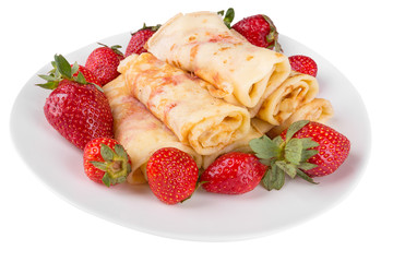 pancakes with cherry jam and strawberries