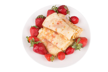 pancakes with cherry jam and strawberries