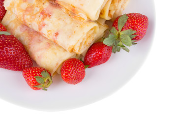 pancakes with cherry jam and strawberries