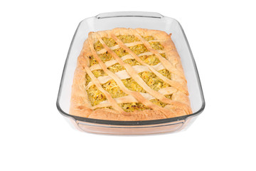 cheese chicken pie in a glass bowl