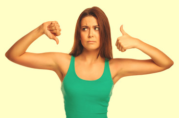 Fototapeta premium girlgirl woman shows signs yes and no, hand fingers isolated on