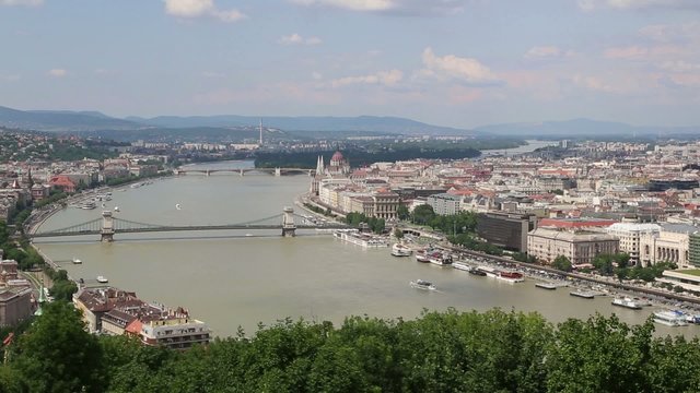 Panoramic view of a building of the Hungarian parliament, Danube and chain Secheni Bridge