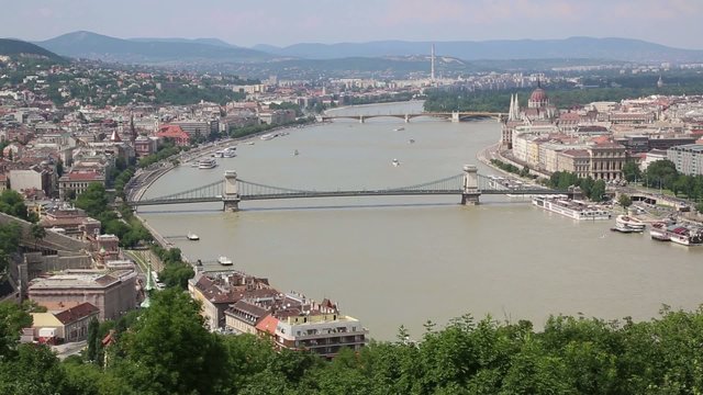 Panoramic view of a building of the Hungarian parliament, Danube and chain Secheni Bridge