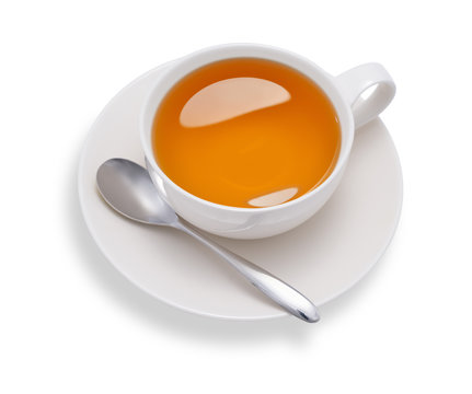 Top view of a cup of tea , isolate on white