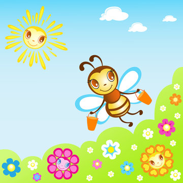 Cute bee gathers honey