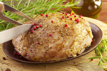Raw ham in marinade