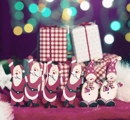 christmas toys with neon background, vintage retro filter