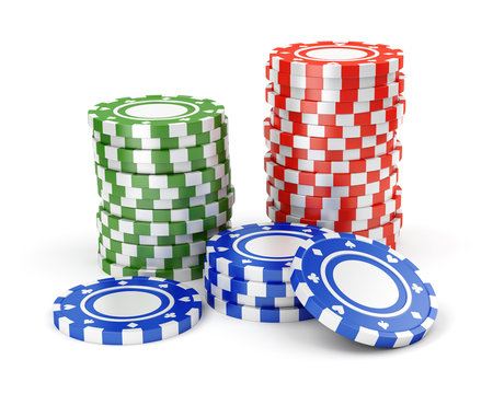 Green, red and blue casino tokens