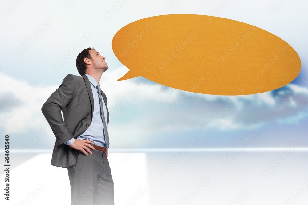 Poster Composite image of smiling businessman with hands on hips with s
