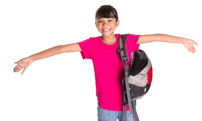 Young Malay Asian girl student with a backpack over white 