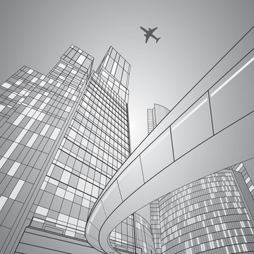 Airplane flying. Business building on background, overpass