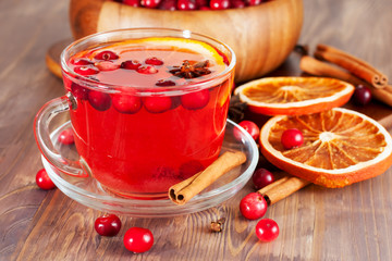 Hot mulled wine with cranberries and orange