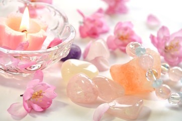 candle and gemstones
